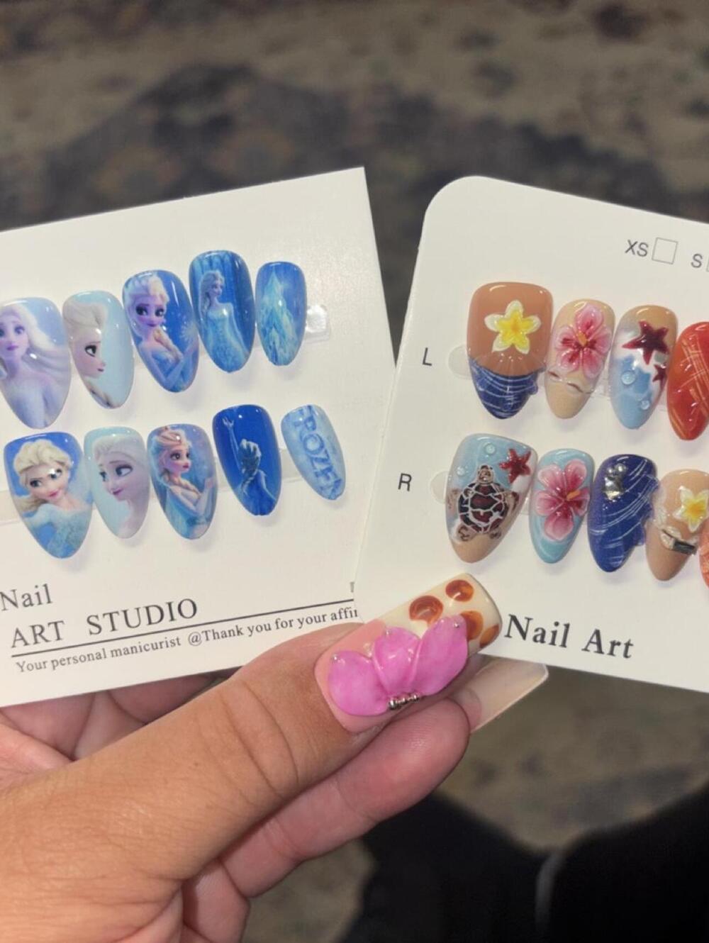 Frozen Themed and Floral Design Press-On Nail Sets - Large Size